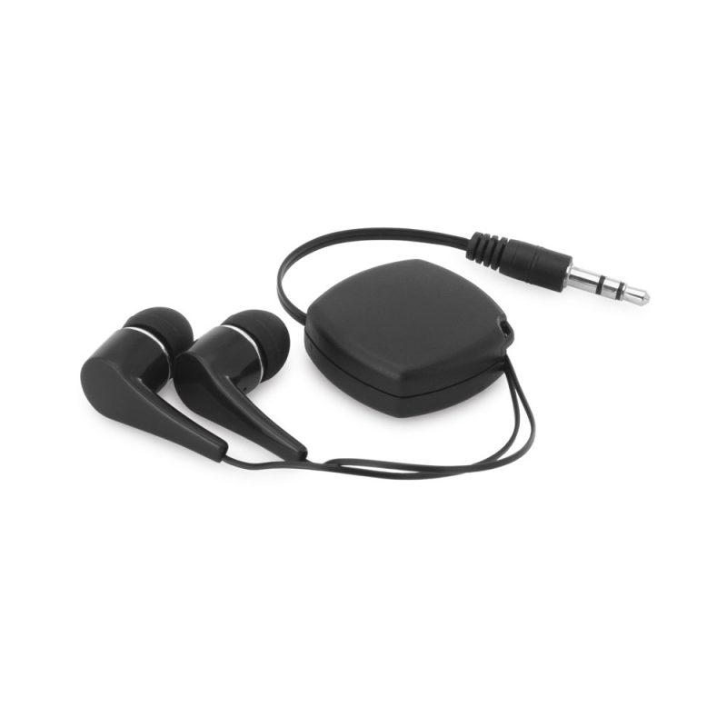 Black retractable wired earphones with jack connector