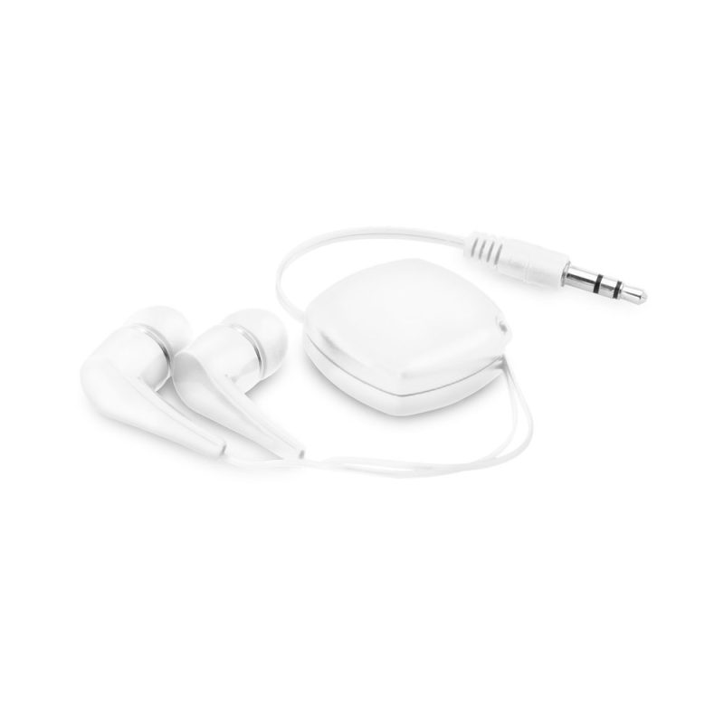 White retractable headphones with 3.5mm jack plug.