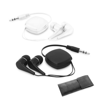 White and black earbuds with retractable cables and pouch.