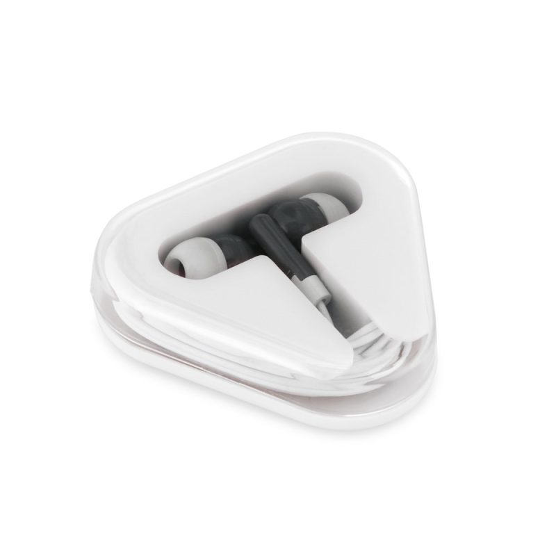 White earphones in triangular plastic case