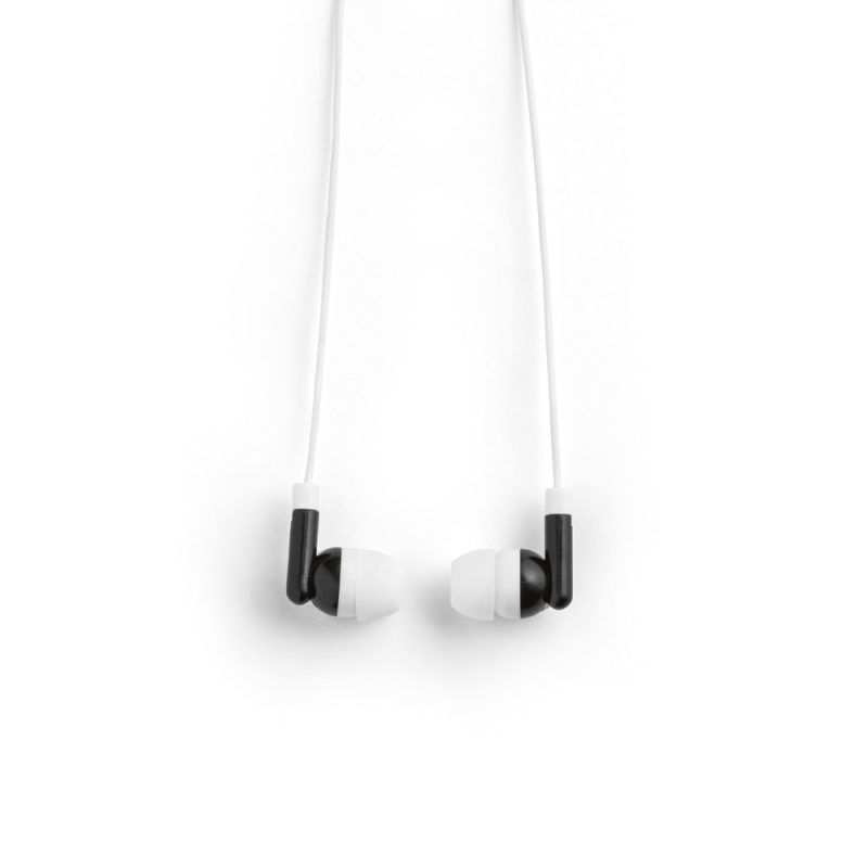 Black and white in-ear headphones on white background.