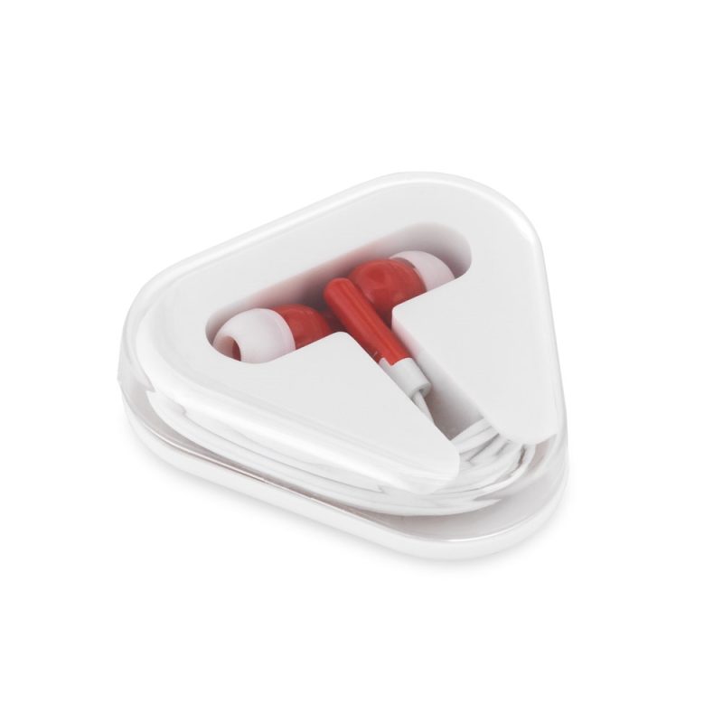 Red earphones in triangular plastic case