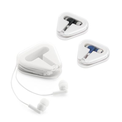 Three pairs of earphones in triangular cases.