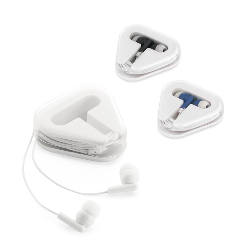 Three pairs of earphones in triangular cases.