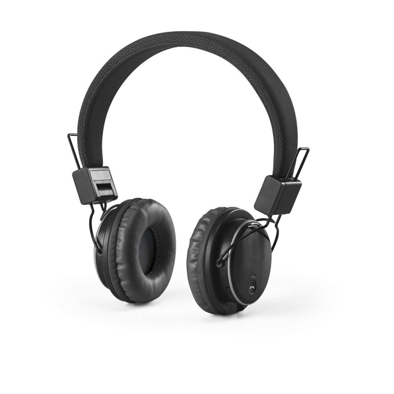 Black wireless over-ear headphones on white background.