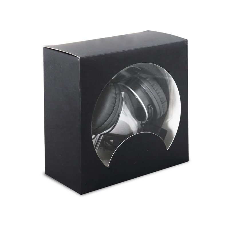 Black headphones in packaging with clear window