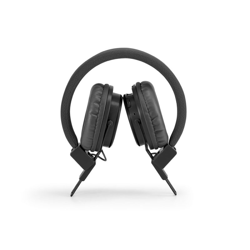 Foldable black headphones with padded ear cups.