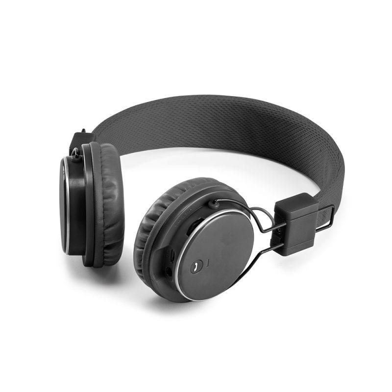 Black wireless over-ear headphones on white background.