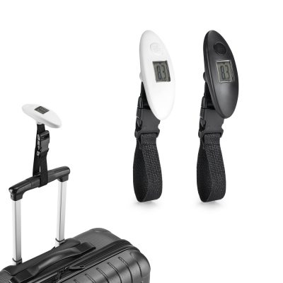 Digital luggage scales with display, black and white.