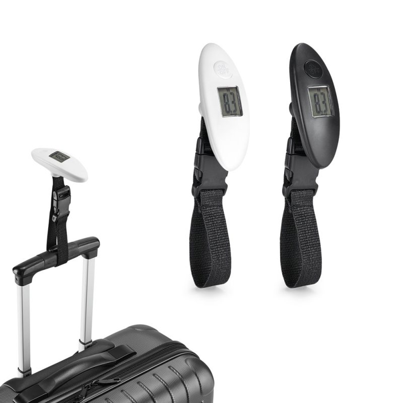 Digital luggage scales with display, black and white.