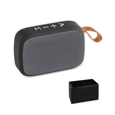 Portable wireless speaker with textured surface and buttons.