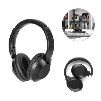 Black wireless headphones with charging case.
