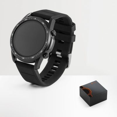 Black smartwatch with strap and box packaging.