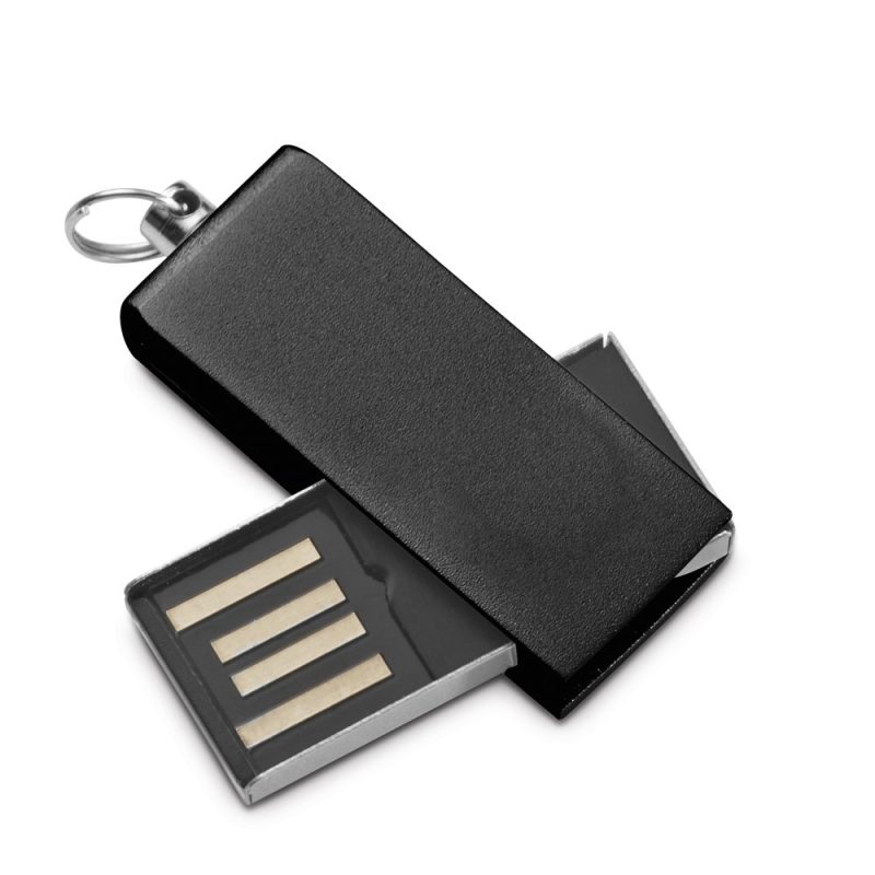 Black rectangular USB flash drive on white background.