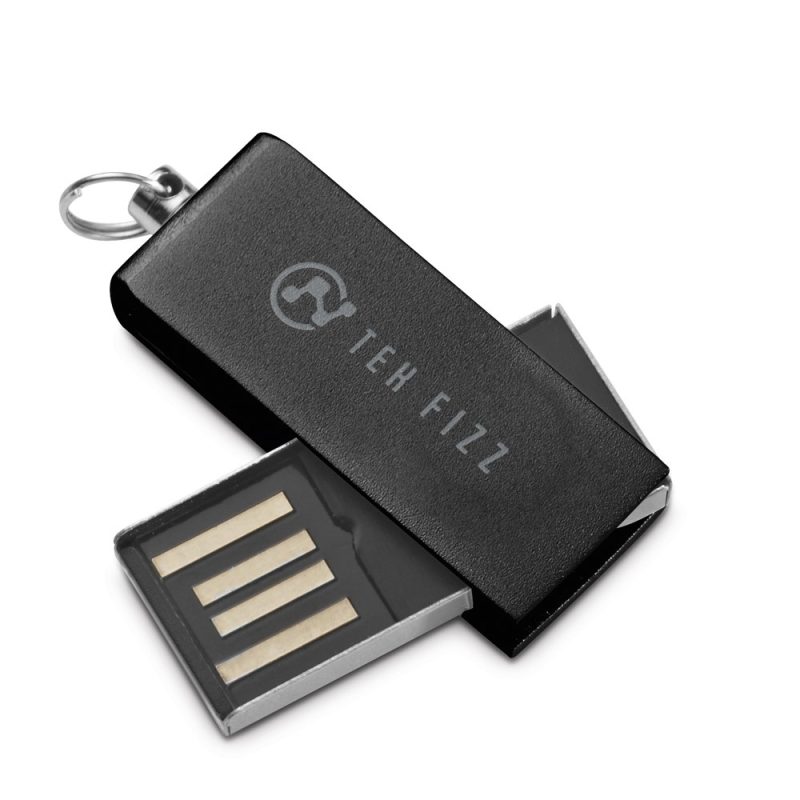 Black USB flash drive with key ring attachment.