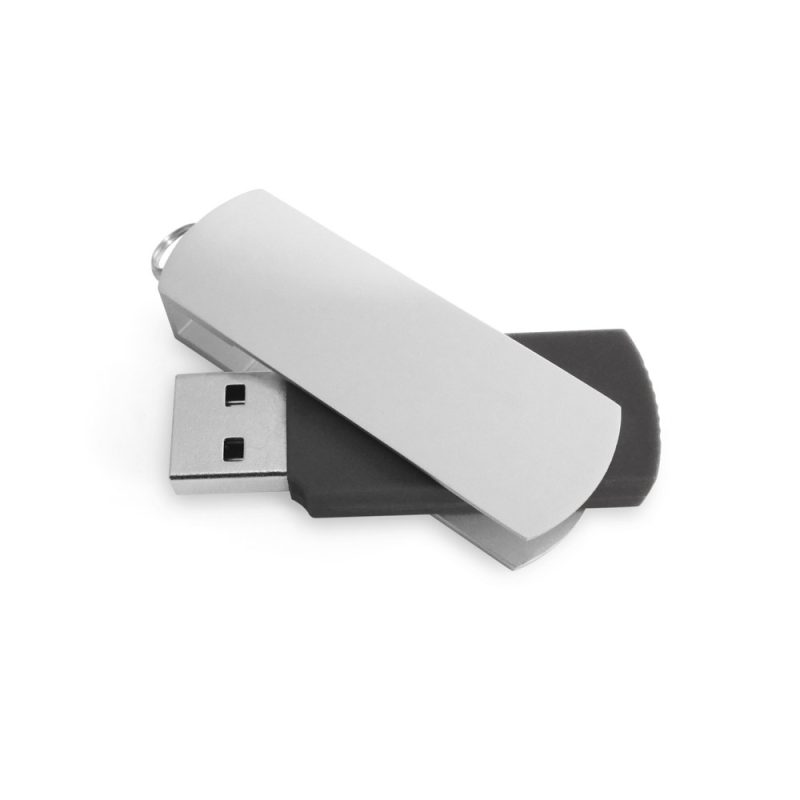 Silver USB flash drive on white background.
