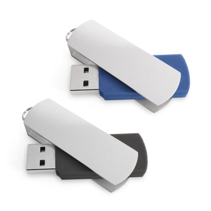 Two swivel USB flash drives, blue and black.