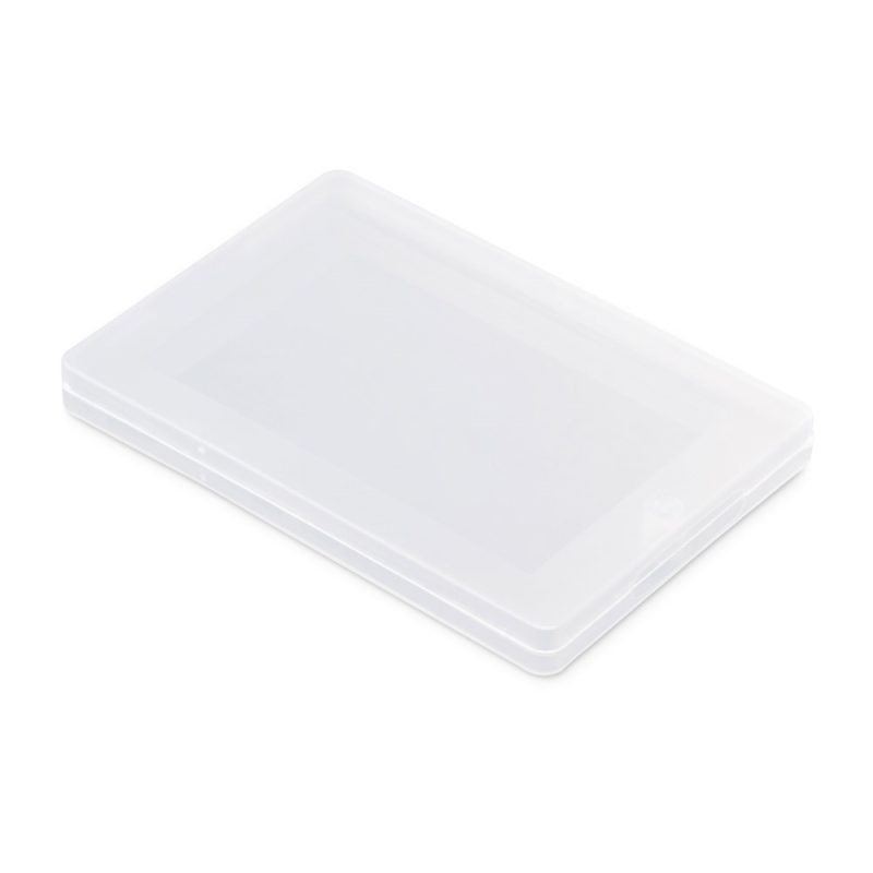Transparent plastic storage box on white background.