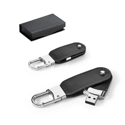Black leather USB keyring with box packaging.
