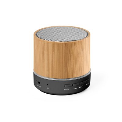 Portable bamboo wireless speaker with control buttons.