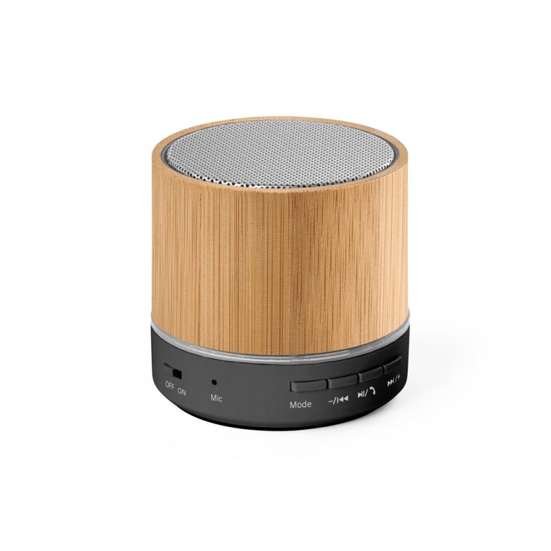 Portable bamboo wireless speaker with control buttons.