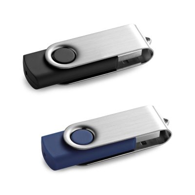 Two USB flash drives, black and blue.