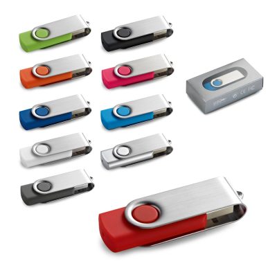 Colourful USB flash drives with rotating metal covers.