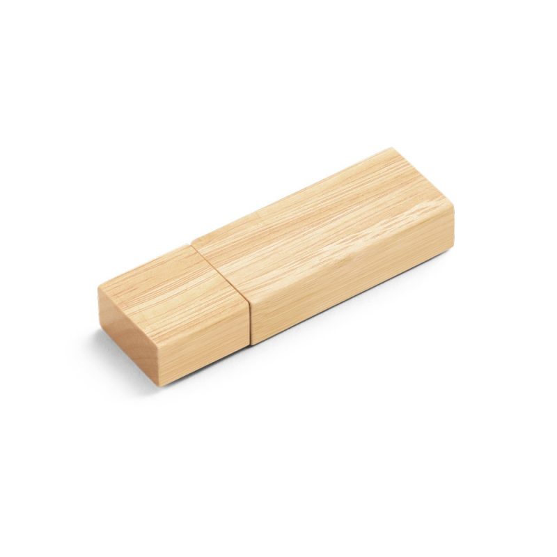 Wooden USB flash drive on white background.