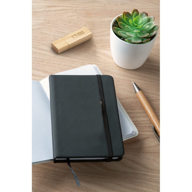 Notebook, pen, USB, and succulent on desk