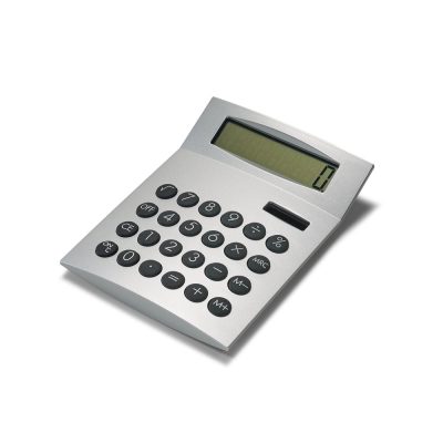 Silver calculator with black buttons and digital display.