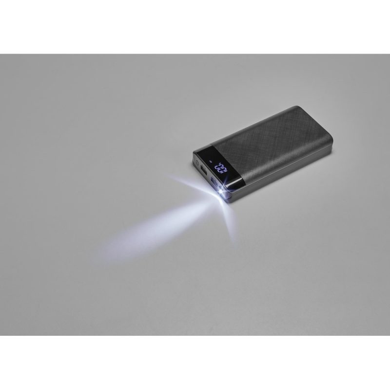 Portable power bank with LED flashlight on.