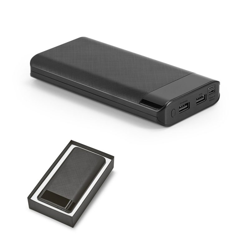 Black power bank with USB ports and packaging