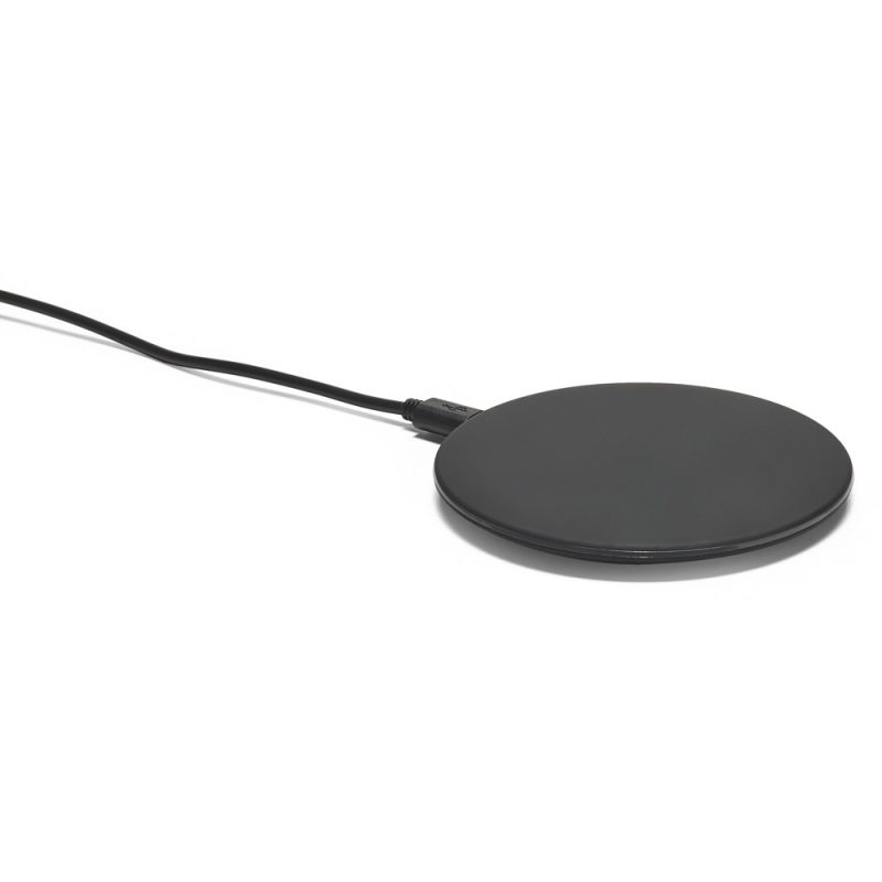 Black wireless charging pad with cable.