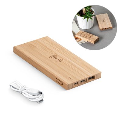 Eco-friendly bamboo wireless power bank with cable.