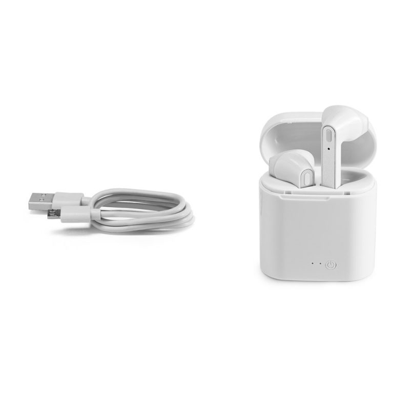 Wireless earphones with charging case and USB cable.