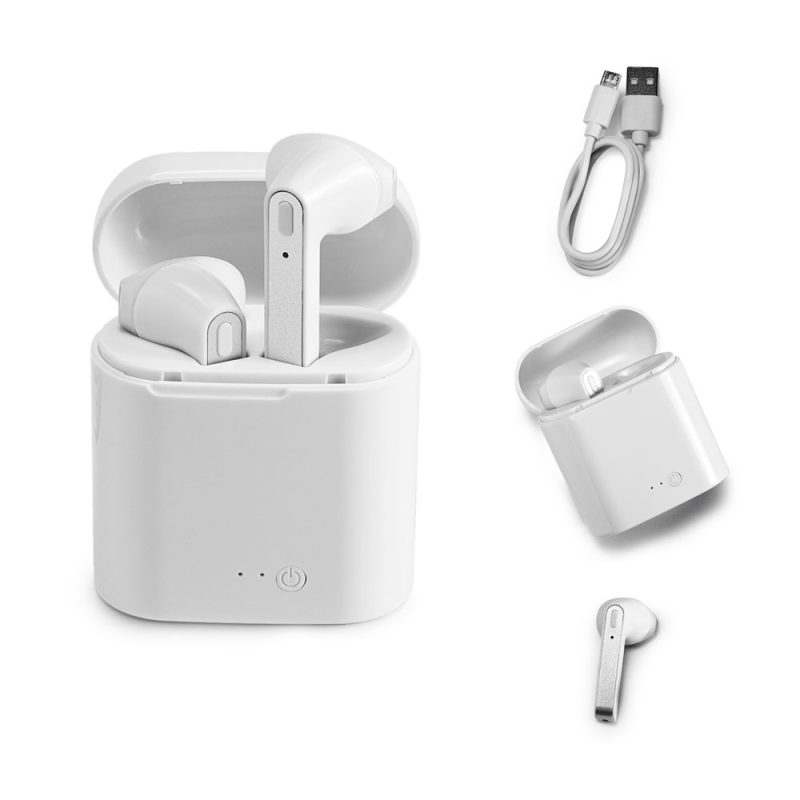 Wireless earbuds with charging case and USB cable.