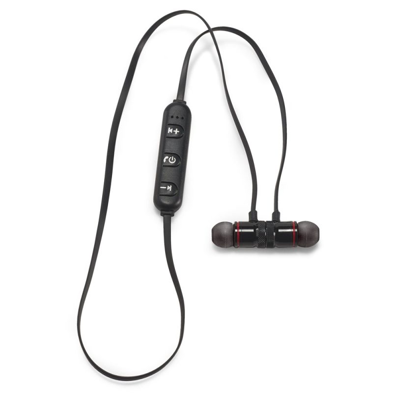 Black wireless earbuds with control buttons