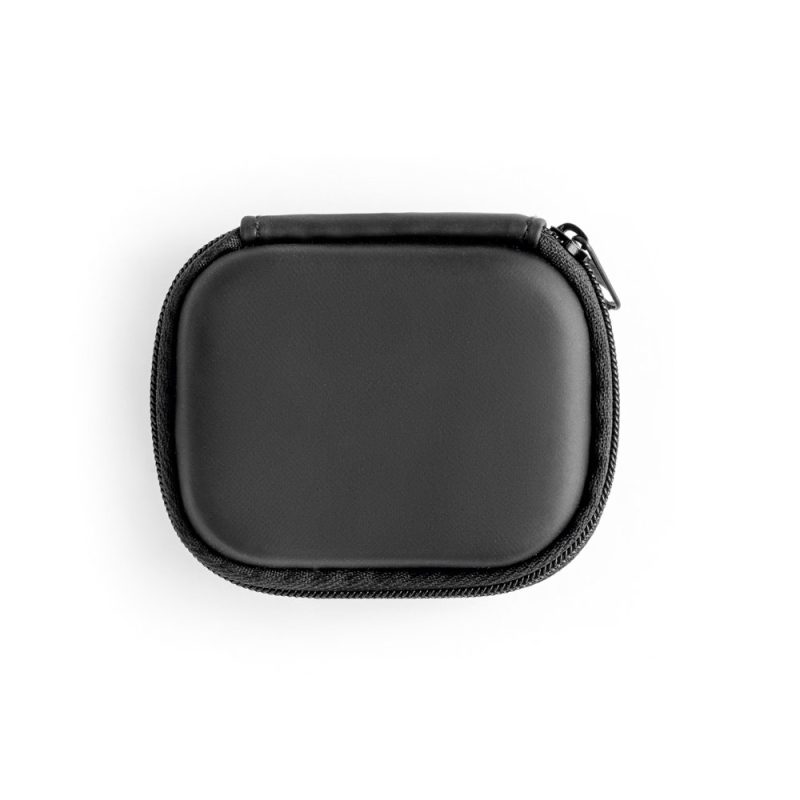 Black hard shell mini case with zip closure.