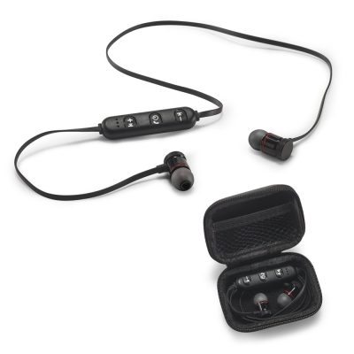Black wireless earphones with control buttons and case.