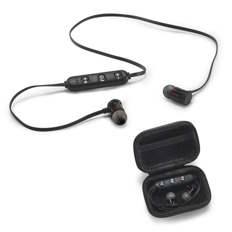 Black wireless earphones with control buttons and case.