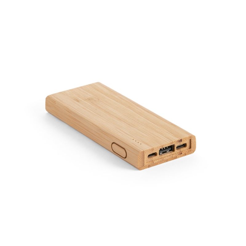 Bamboo power bank with USB ports.