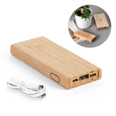 Eco-friendly bamboo power bank with USB cable.