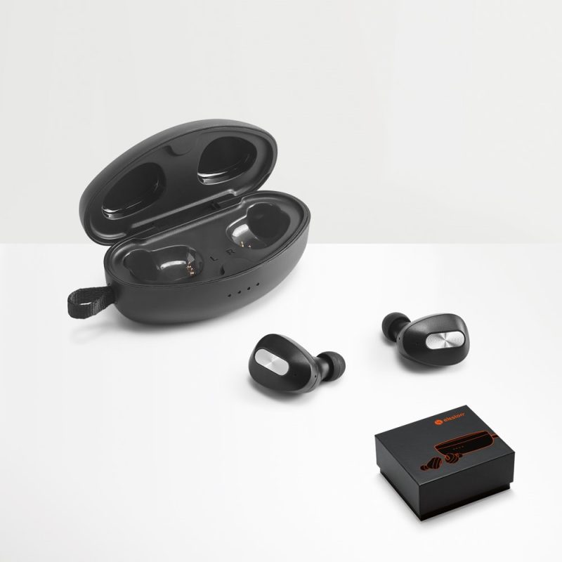 Black wireless earbuds with charging case and box.