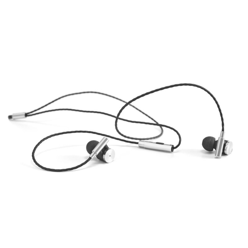 Black wired earbuds with silver accents on white background.