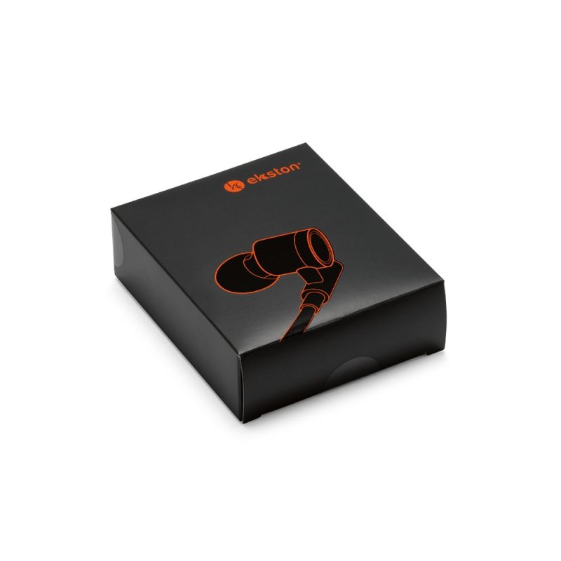 Black earphones box with orange logo design.