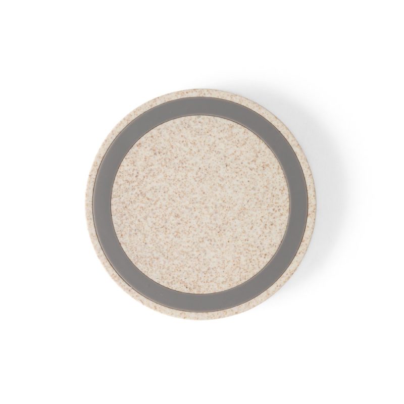 Round cork coaster with grey stripe.