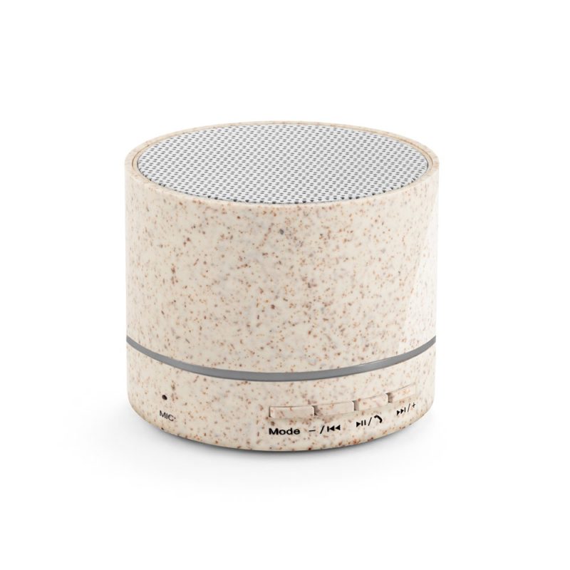 Compact beige wireless speaker with control buttons.