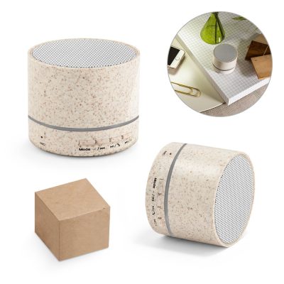Eco-friendly cylindrical Bluetooth speaker on desk.