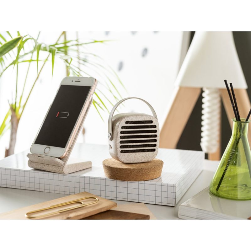 Smartphone charging on desk with green decor