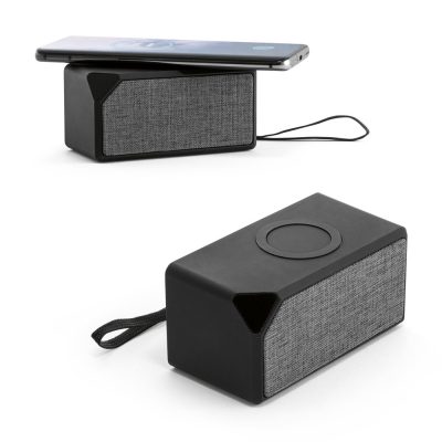 Speaker with phone charging wirelessly, black design.